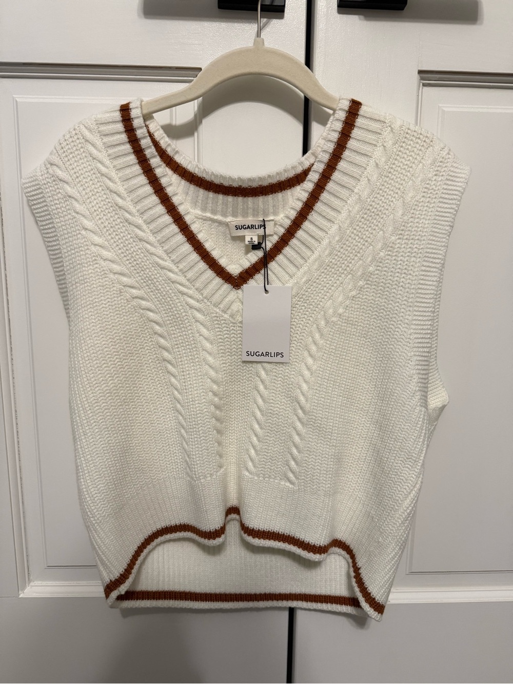 Sugarlips Cream V-Neck Cable Knit Sweater Vest with Brown Trim